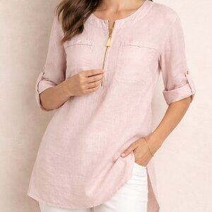 Ellen Tracy Blush Pink Linen Tunic 1/4 Zip Roll Tab Sleeve Top S